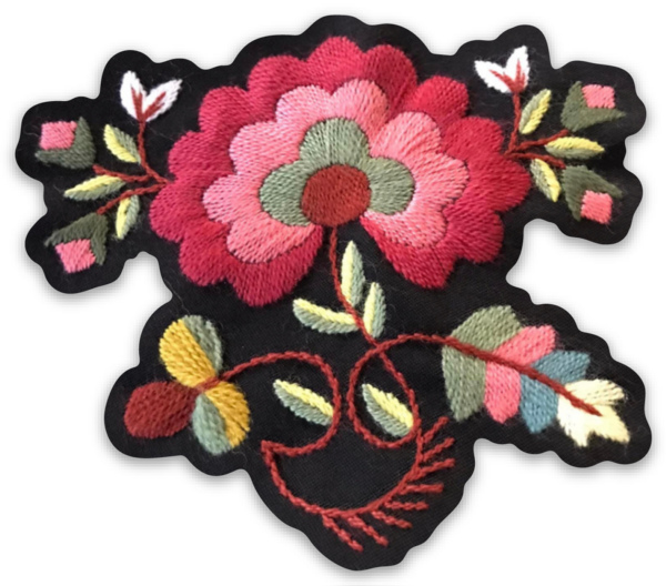 Embroidered pink flower and green leaves on a black background